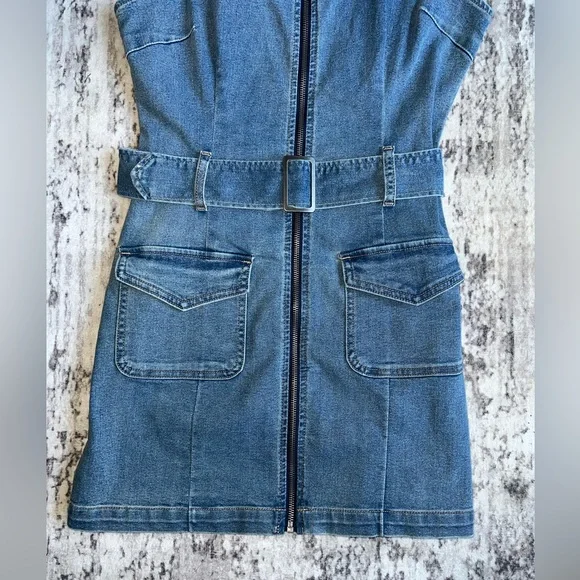 NWOT! Rewash Blue Denim Zip Front BodyCon TankTop Jean Dress with Belt Medium - Picture 3 of 7